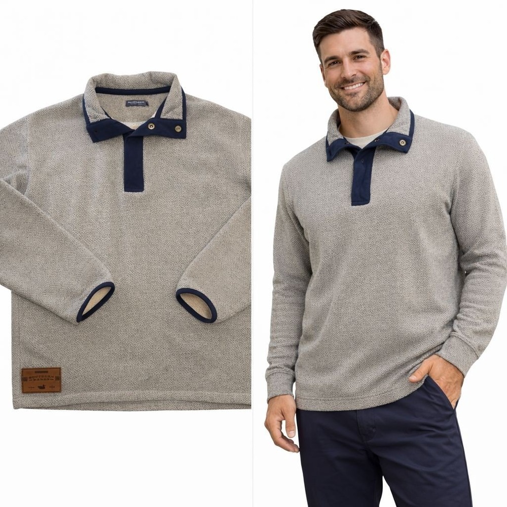 Southern Marsh Pullover‎ Fleece Sweatshirt Heather Grey Navy Trim Men's L